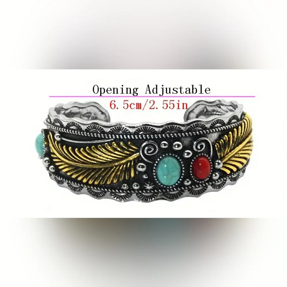 Southwestern Cuff Bohemian Feather Gypsy Festival Tribal Turquoise Stone NWT - Picture 2 of 3